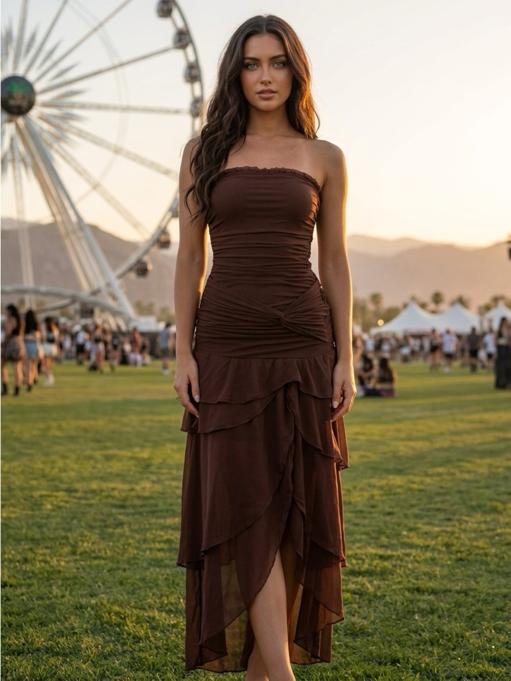 SHEIN Brown Strapless Tiered Midi Dress